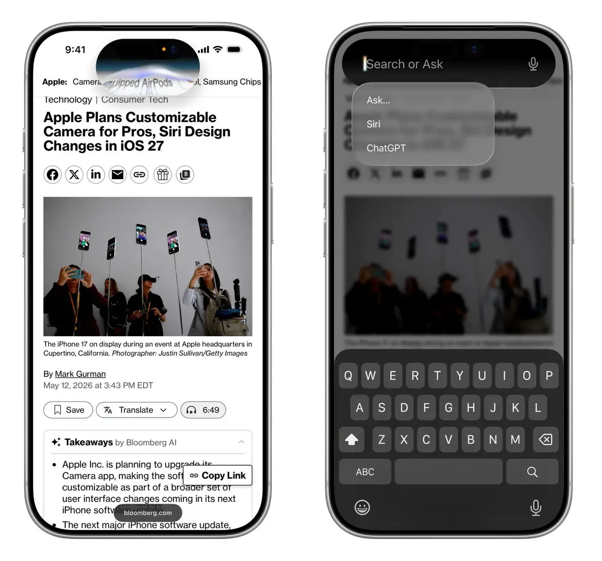 Renders from Bloomberg showing Siri in the Dynamic Island in iOS 27