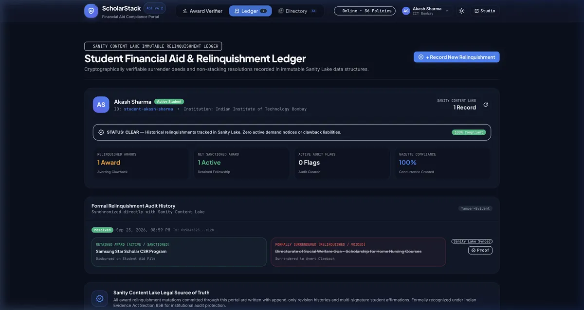 پلتفرم ScholarStack: انطباق خودکار کمک مالی و دروازه عدم تداخل از طریق Sanity Context MCP