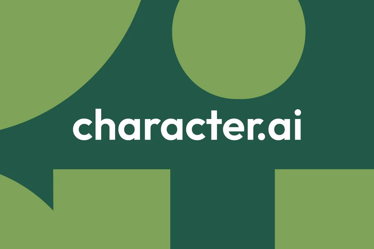 لوگوی Character.AI روی پسزمینهای تاریک با نمادهای چت هوش مصنوعی