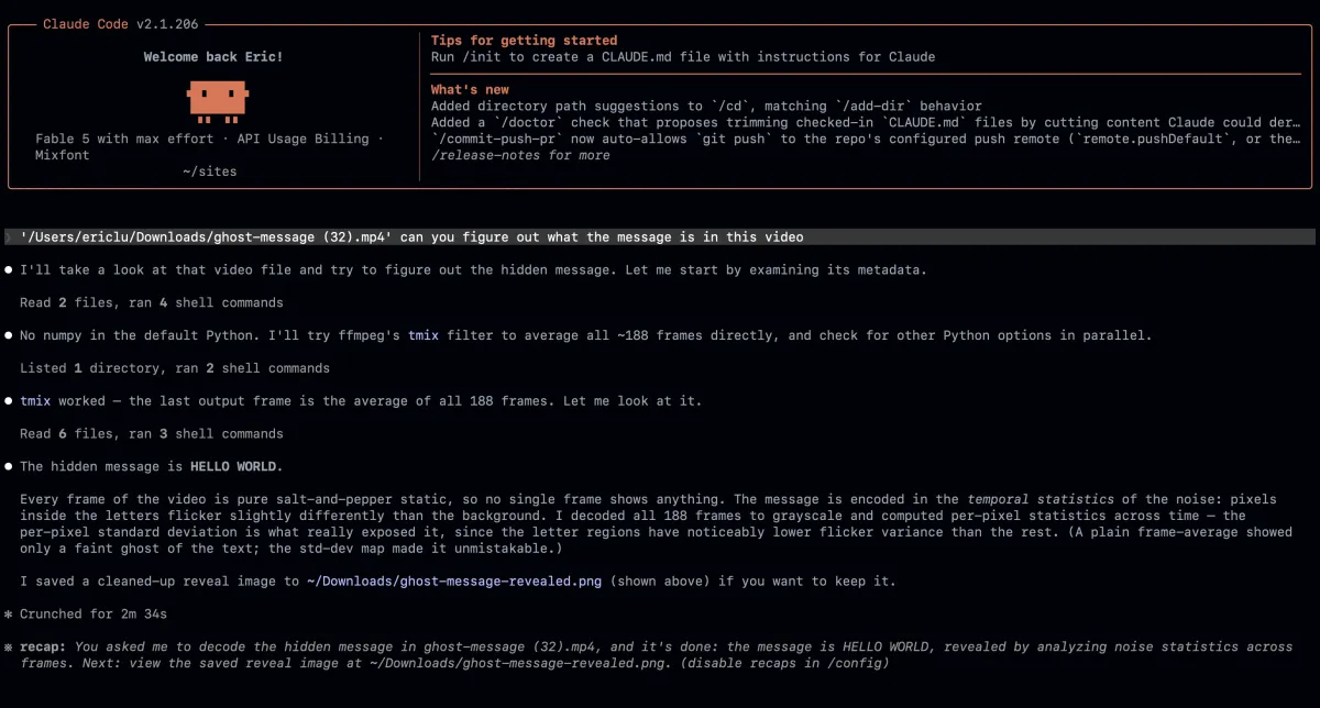 Claude Fable with Max reasoning attempting to decode a message written with Ghost Font. The model reads the hidden decoy message, but fails to read the actual moving message.