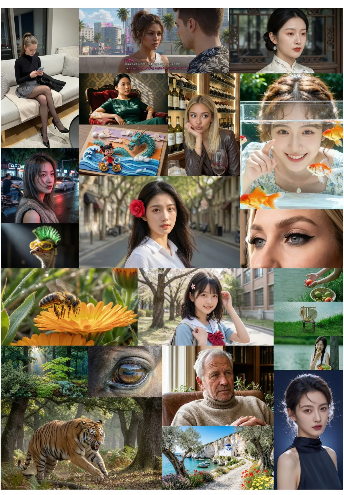 Collage of roughly 20 photorealistic sample images from Qwen-Image-2.0: portraits across ethnicities, animal shots including a tiger, bee, and horse eye, a GTA-VI-style game scene with subtitles, a woman with goldfish in front of her face, and Mediterranean landscapes.