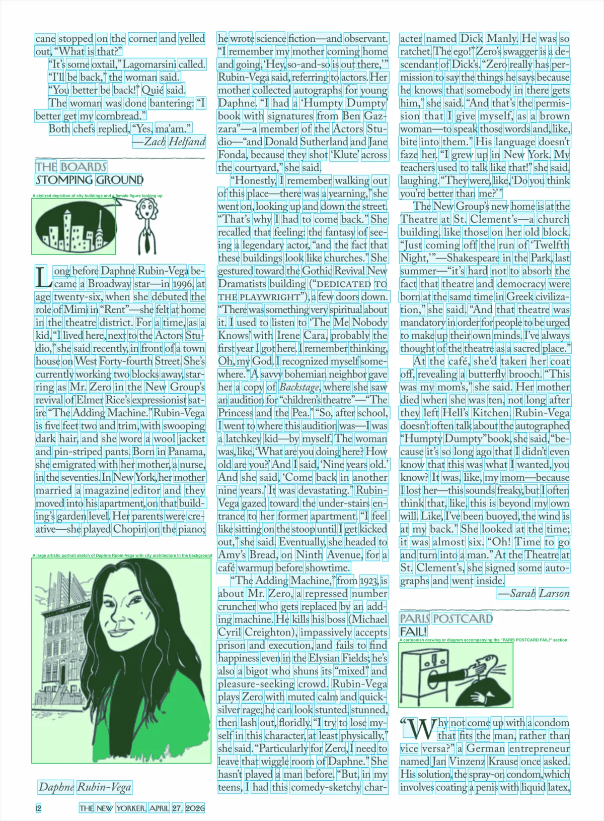 Dense magazine page with text and three figures detected, with red boxes around each illustration