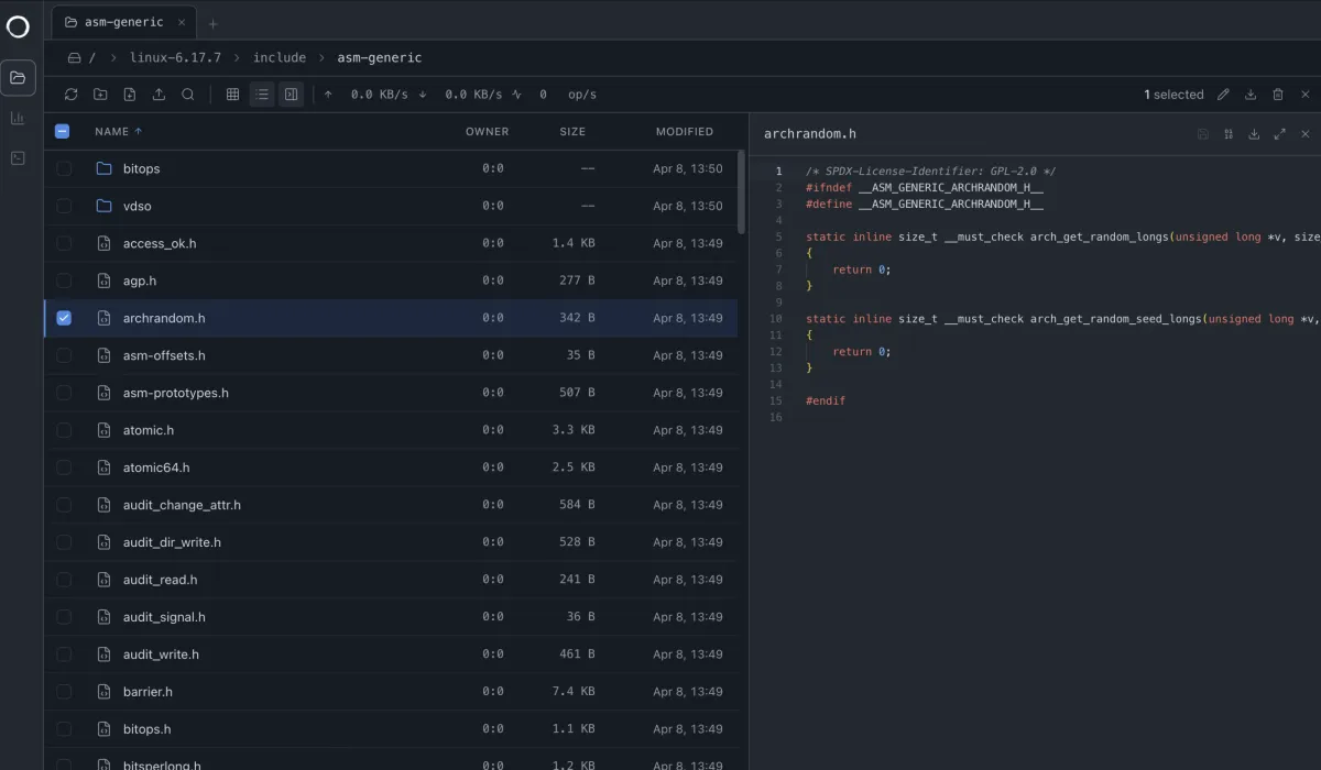 ZeroFS web file manager browsing the Linux 6.17 source tree with an inline file preview