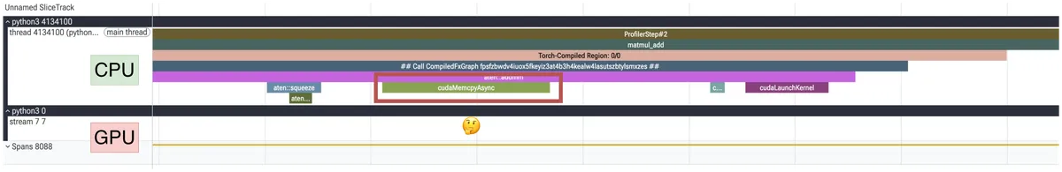 compiled matmul trace showing Memcpy DtoD and GEMM kernels launched per step