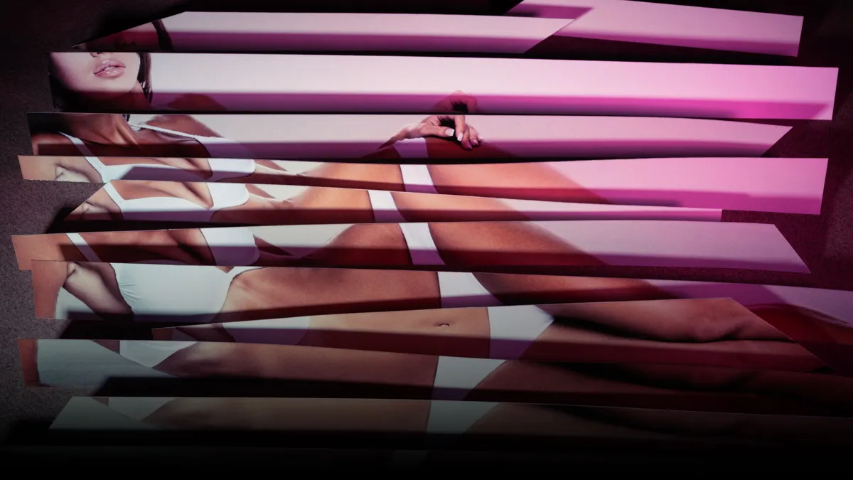 image of a woman reclining in a white bikini cut into overlapping strips like uneven window blinds