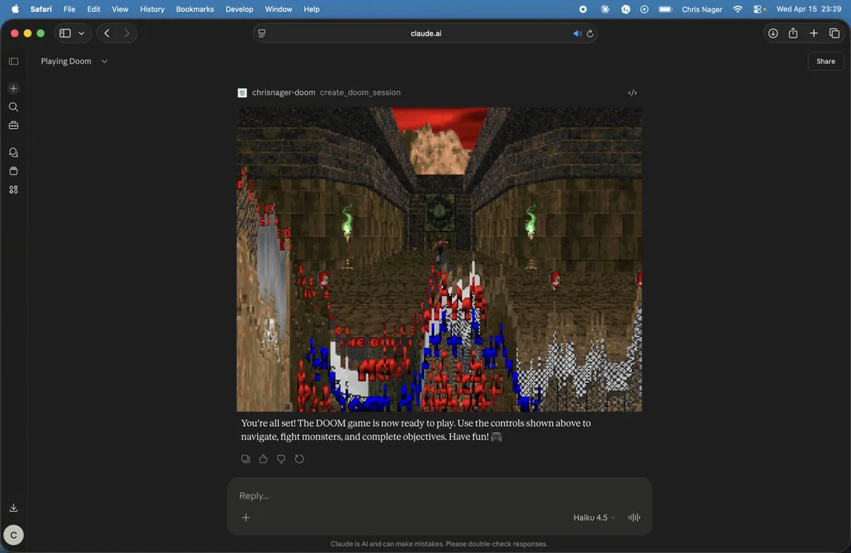 اسکرینشات از اجرای بازی Doom در ChatGPT و Claude