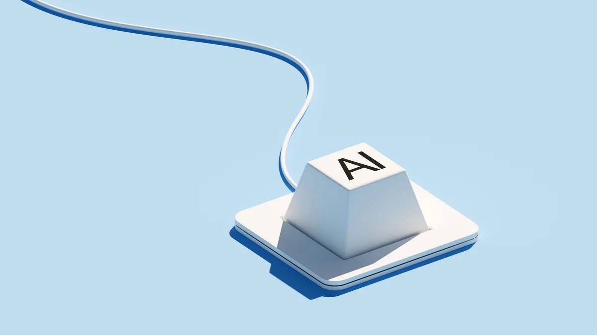 A minimalist keyboard with a single "AI" key is set against a blue background.