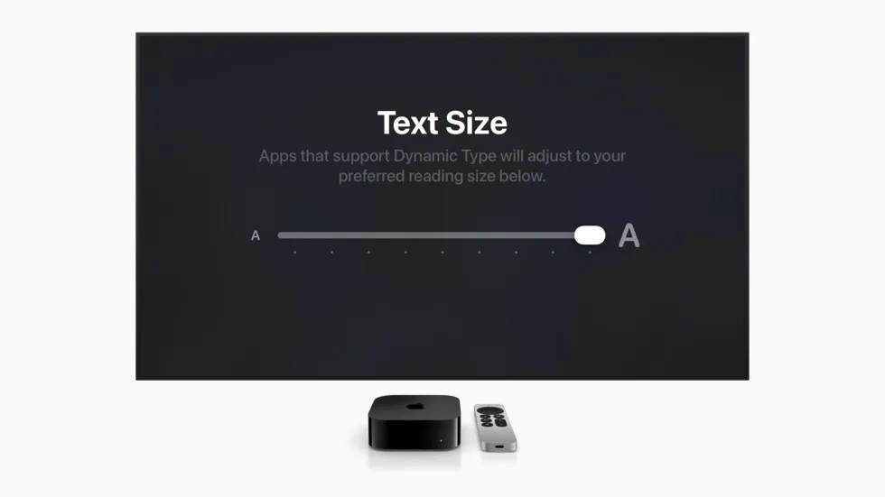 The Apple TV interface shows a control for increasing the text size.