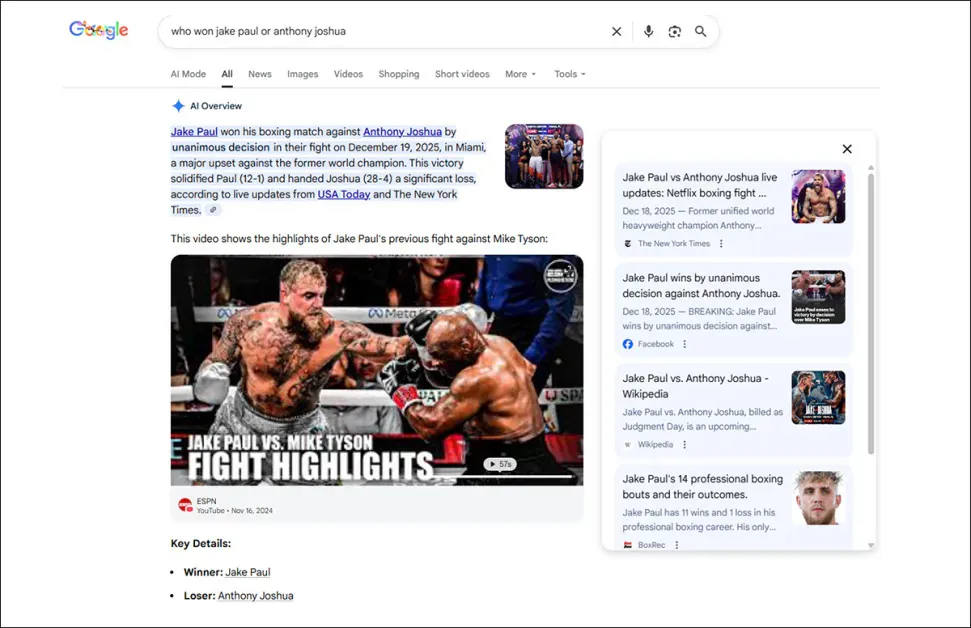 ne of the reasons that Google's AI overviews avoid time-critical summaries is that early information may be incomplete, or completely inaccurate. In this case, boxer Jake Paul actually lost the match. Source - https://arxiv.org/pdf/2604.27790