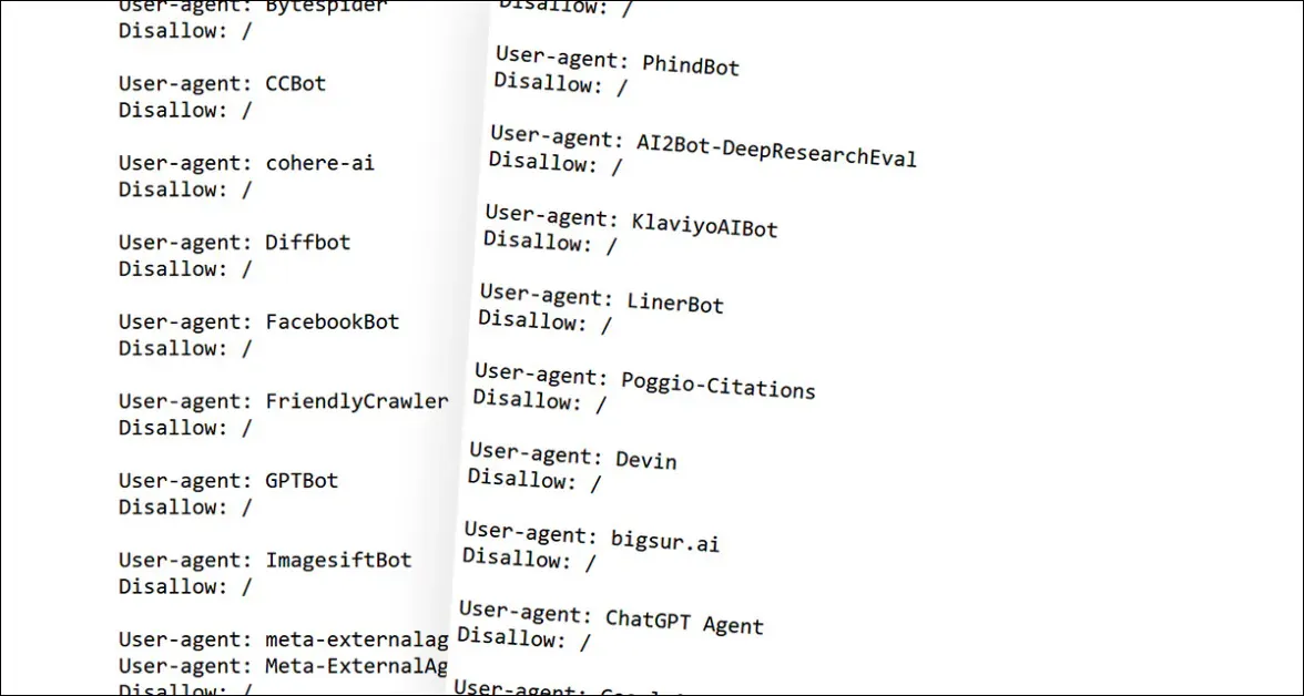 Some of the robots.txt AI-scraping bans effected by the publishers listed above. But has it led to a wider censure by Google?