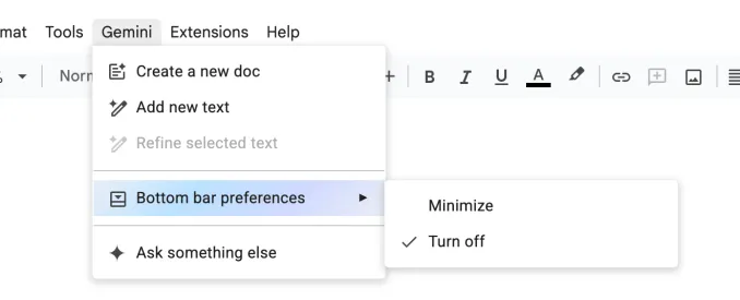 تصویری از تنظیمات Google Docs که گزینه غیرفعال کردن هوش مصنوعی را نشان می‌دهد.