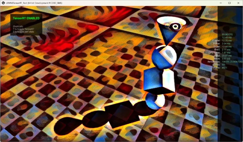 A screenshot of an Unreal Engine scene, showing a stylized neural post-processing effect applied to a geometric test setup along with real-time performance statistics.