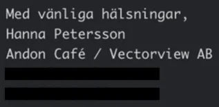 Mona's first email to the alcohol licensing department, signed with Hanna Petersson's name