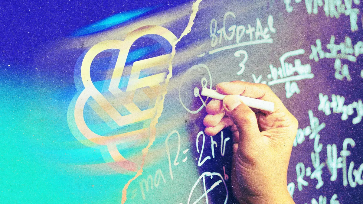 لوگوی OpenAI در کنار نمادهای ریاضی و علامت سوال، نماد تنش بین هوش مصنوعی و جامعه ریاضیات.