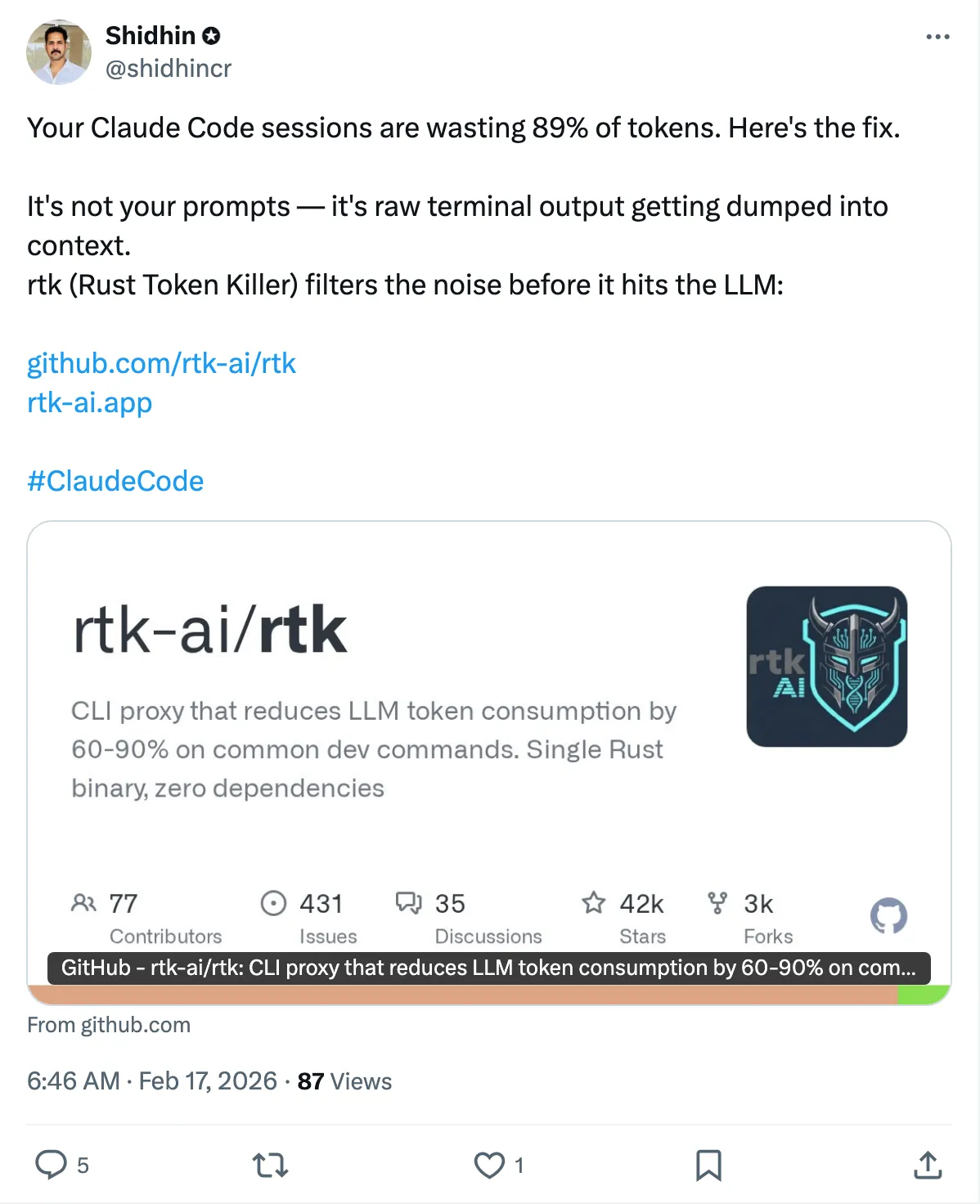 Shidhin on X: Your Claude Code sessions are wasting 89% of tokens. It's not your prompts — it's raw terminal output getting dumped into context.