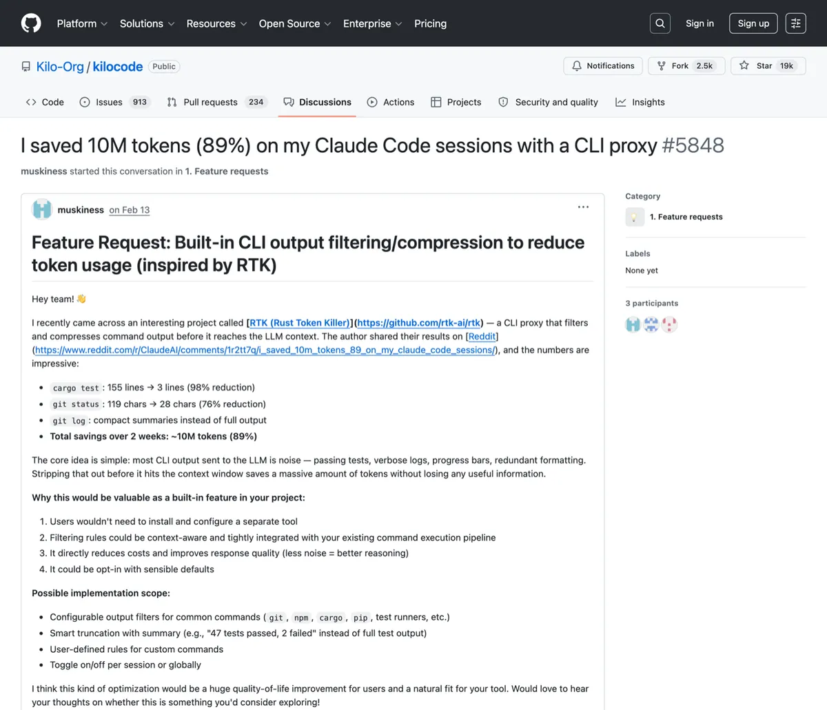 Kilo Code discussion thread: I saved 10M tokens (89%) on my Claude Code sessions with a CLI proxy