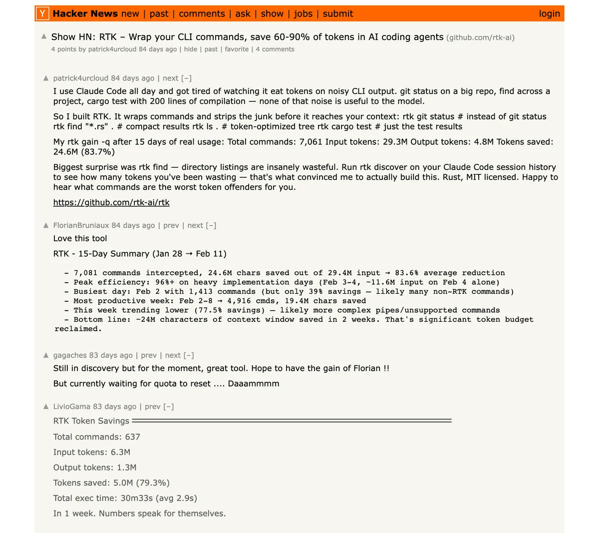 Hacker News Show HN: RTK – Wrap your CLI commands, save 60-90% of tokens in AI coding agents
