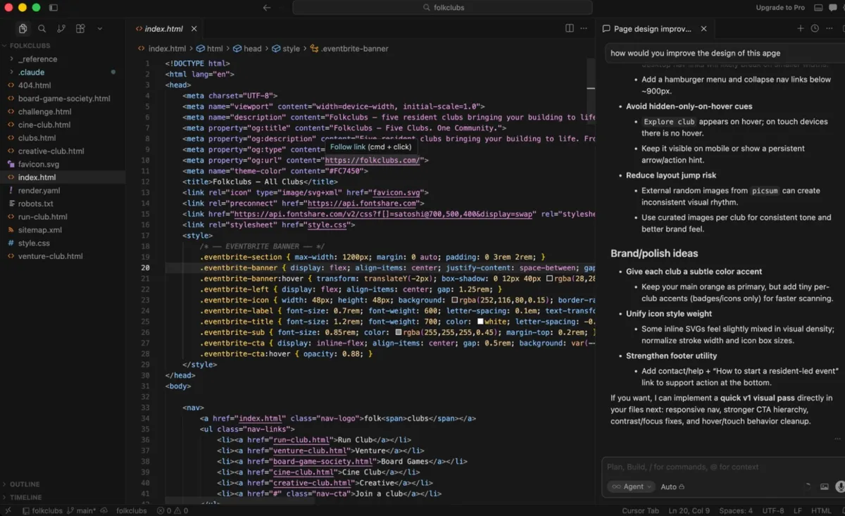 The Cursor IDE with the agent side-tab open