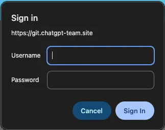 The push target, git.chatgpt-team.site, opened in a browser: a live endpoint that demands authentication — not a local preview.