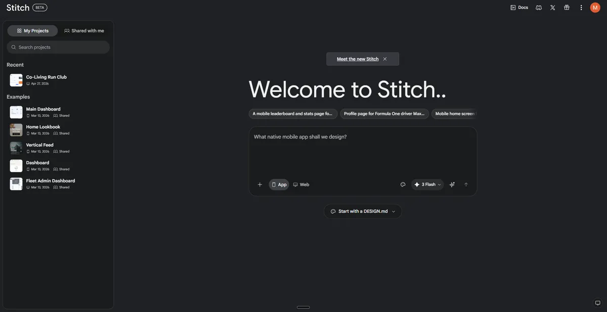 The Google Stitch landing page