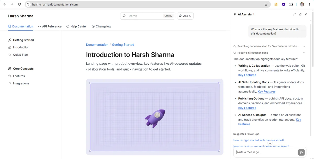 لوگوی Documentation.AI و رابط محصول با دستیار هوشمند تعبیهشده