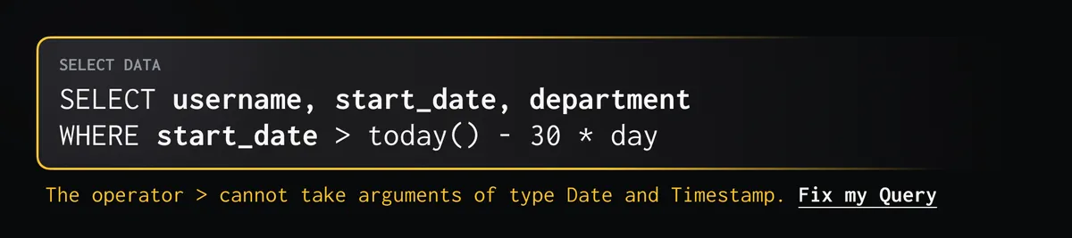 The JSQL input showing an error message, and an LLM powered fix button