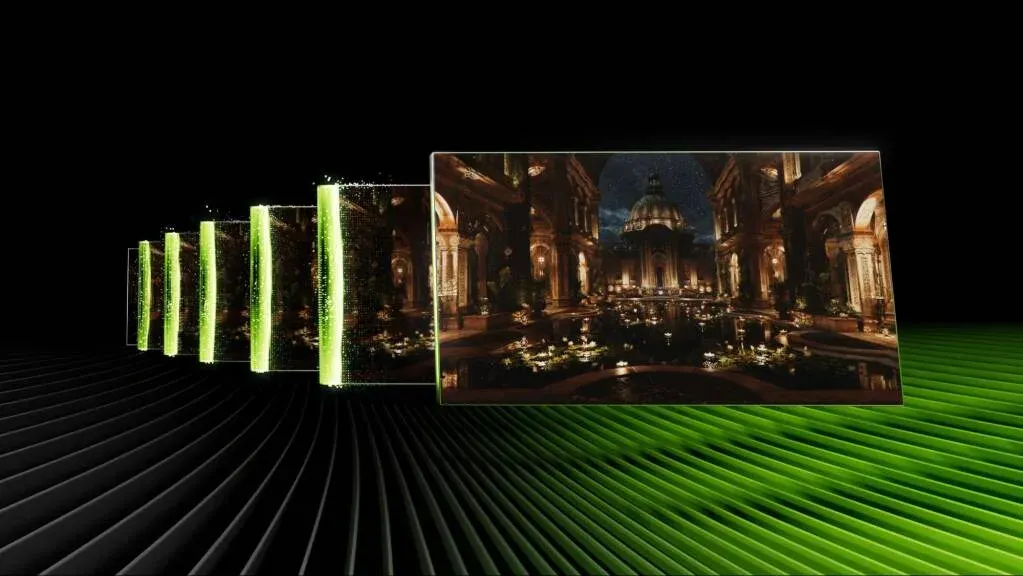 A sequence of frames shows a detailed, atmospheric game scene of an ornate baroque-style interior, with frames being generated into a photorealistic image, visualizing the NVIDIA DLSS 4.5 real-time rendering pipeline.