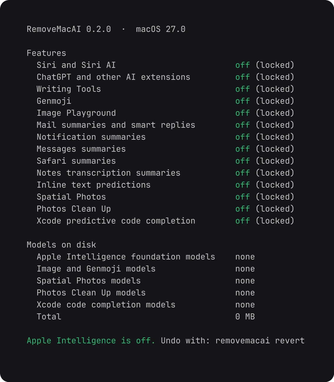 ابزار خط فرمان برای غیرفعالسازی Apple Intelligence در macOS 27 و بازیابی فضای دیسک با یک دستور و امکان بازگشت.
